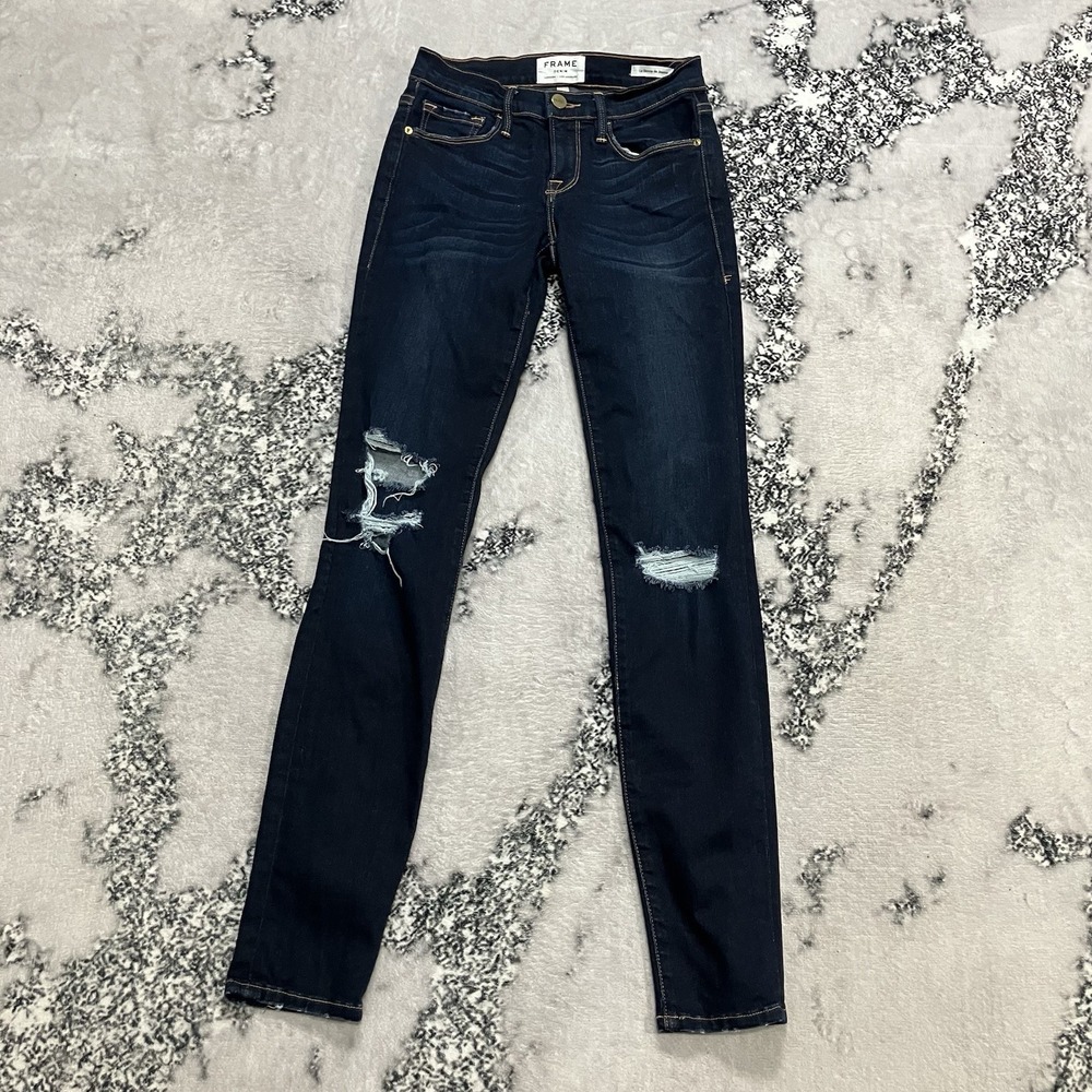Frame Le Skinny De Jeanne Distressed Ripped Knee Jeans Womens Size 24 Dark Wash